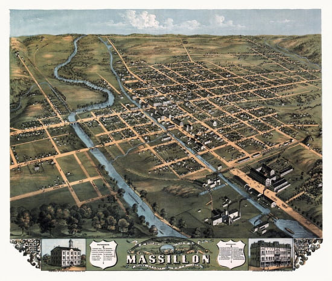 Historic Map of Massillon Ohio 1870 Stark County Canvas Art - (24 x 36)