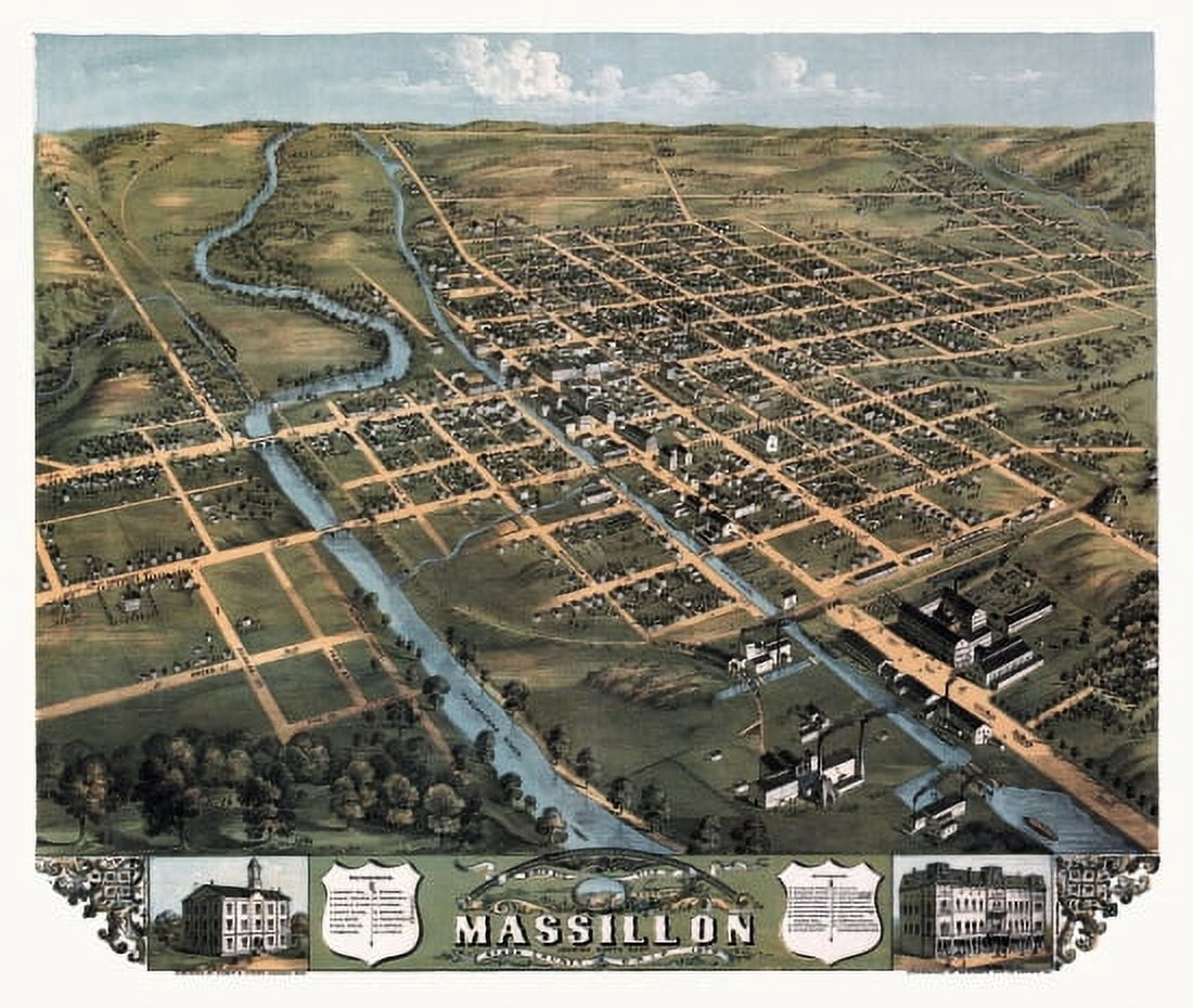 Historic Map of Massillon Ohio 1870 Stark County Canvas Art - (36 x 54)