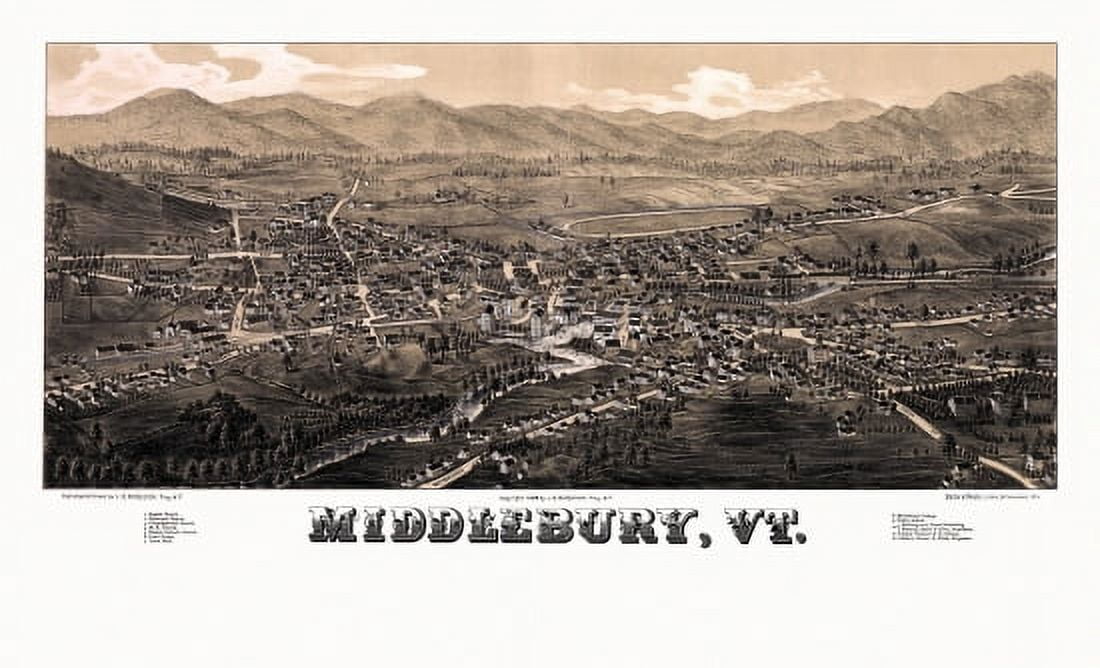 Historic Map of Middlebury Vermont 1886 Addison County Canvas Art - (18 x 24)