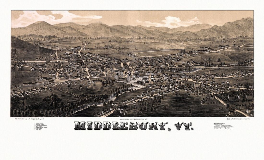 Historic Map of Middlebury Vermont 1886 Addison County Canvas Art - (36 x 54)