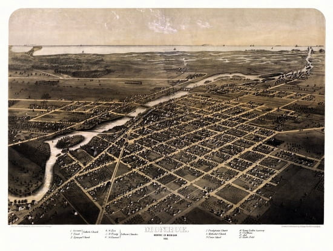 Historic Map of Monroe Michigan 1866 Monroe County Canvas Art - (18 x 24)