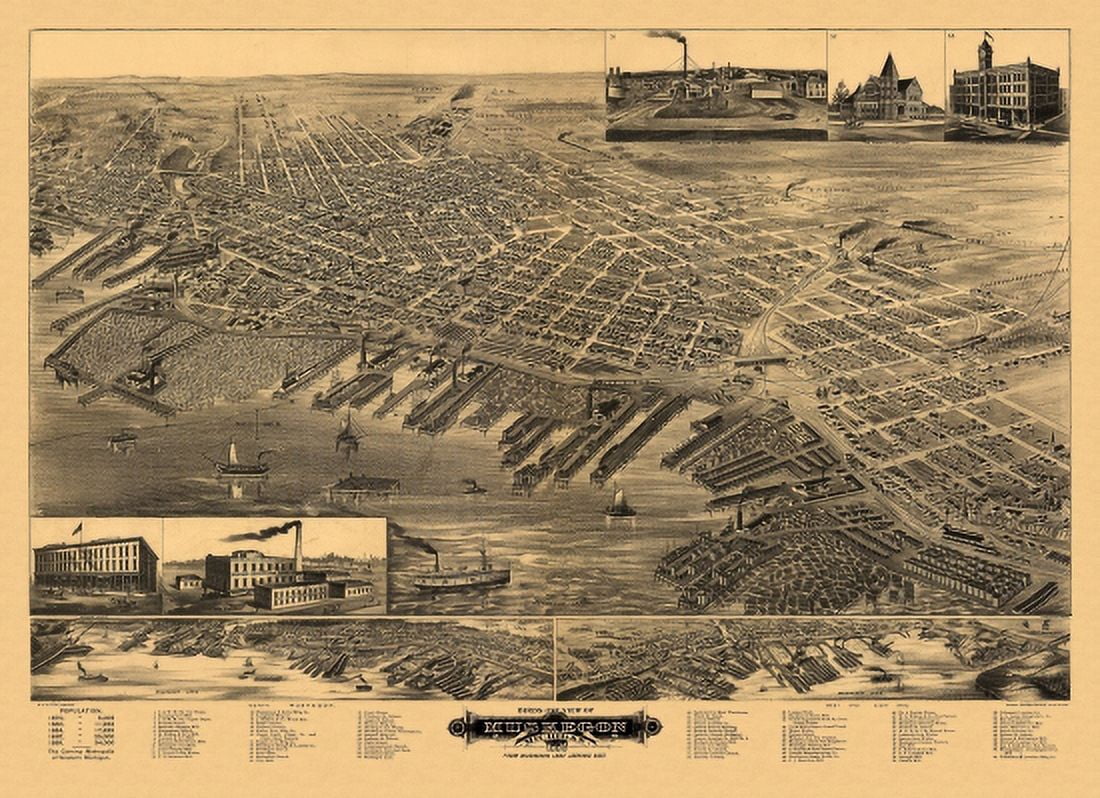 Historic Map of Muskegon Michigan 1889 Muskegon County Canvas Art - (36 x 54)