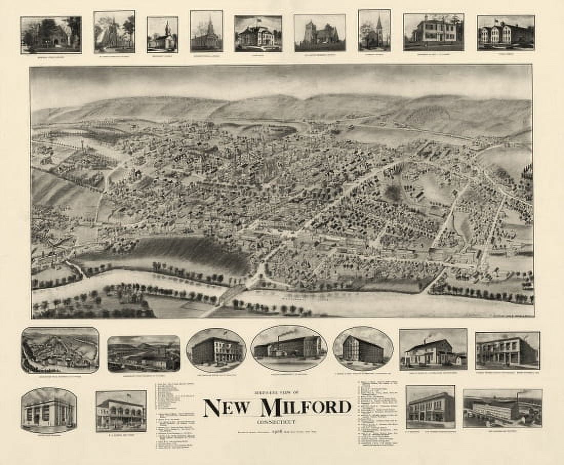 Historic Map of New Milford Connecticut 1906 Litchfield County Canvas Art - (36 x 54)