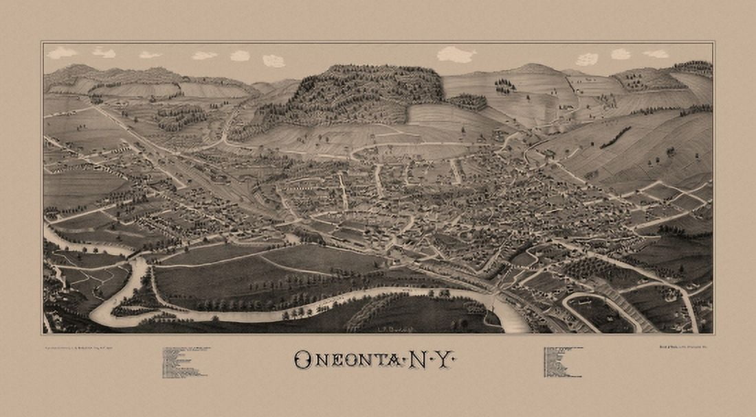 Historic Map of Oneonta New York 1884 Otsego County Canvas Art - (24 x 36)