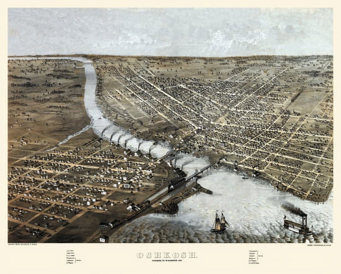 Historic Map of Oshkosh Wisconsin 1867 Winnebago County Canvas Art - (36 x 54)