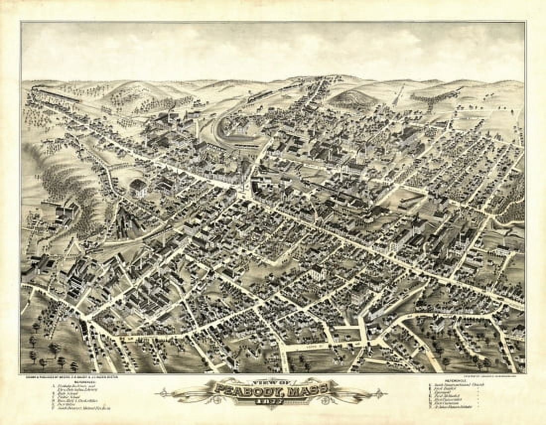 Historic Map of Peabody Massachusetts 1877 Essex County Canvas Art - (18 x 24)