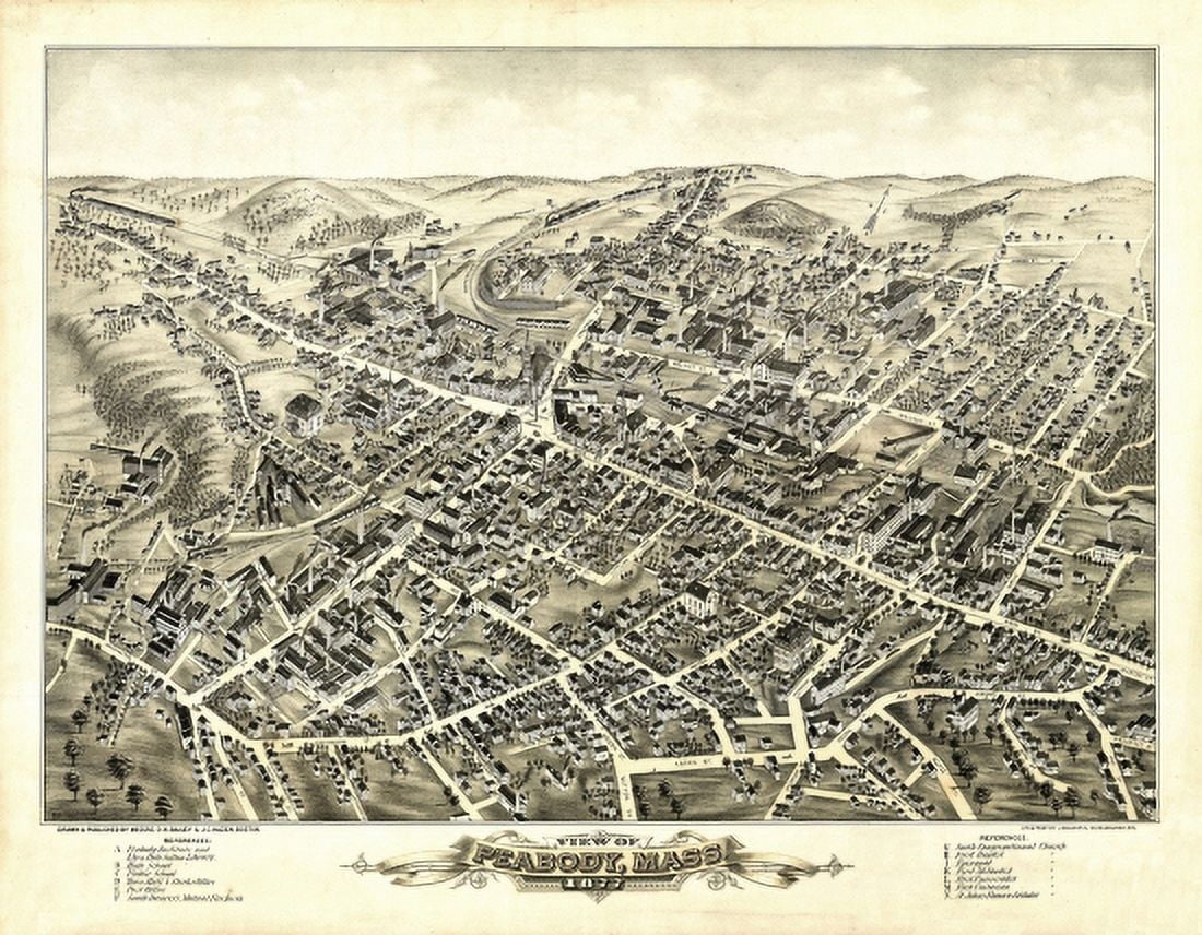 Historic Map of Peabody Massachusetts 1877 Essex County Canvas Art - (36 x 54)