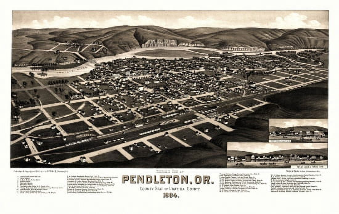 Historic Map of Pendleton Oregon 1884 Umatilla County Canvas Art - (18 x 24)