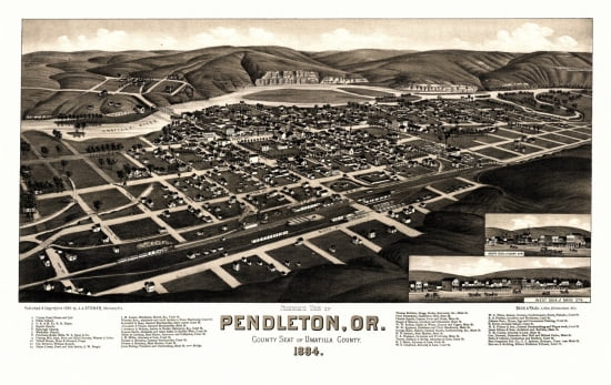 Historic Map of Pendleton Oregon 1884 Umatilla County Canvas Art -  (24 x 36)