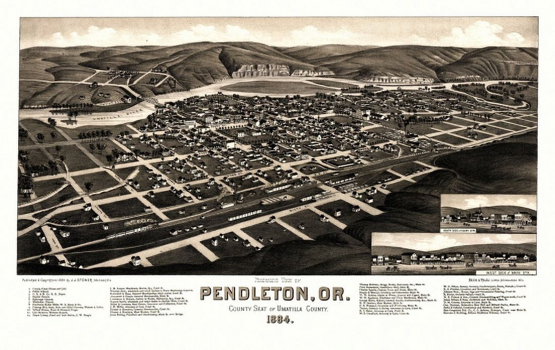 Historic Map of Pendleton Oregon 1884 Umatilla County Canvas Art - (36 x 54)