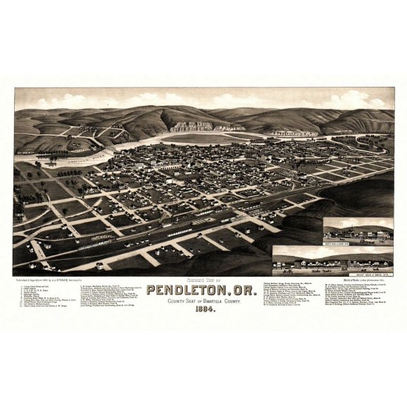 Historic Map of Pendleton Oregon 1884 Umatilla County Canvas Art - (36 x 54)