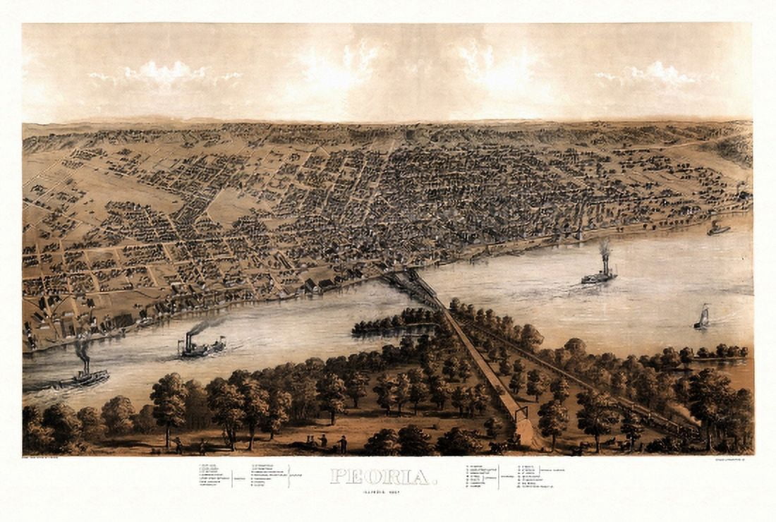 Historic Map of Peoria Illinois 1867 Peoria County Canvas Art - (36 x 54)