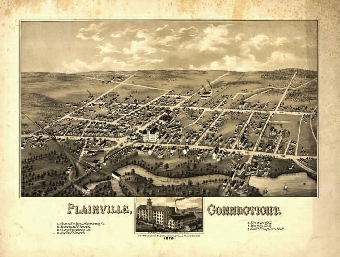 Historic Map of Plainville Connecticut 1878 Hartford County Canvas Art - (18 x 24)
