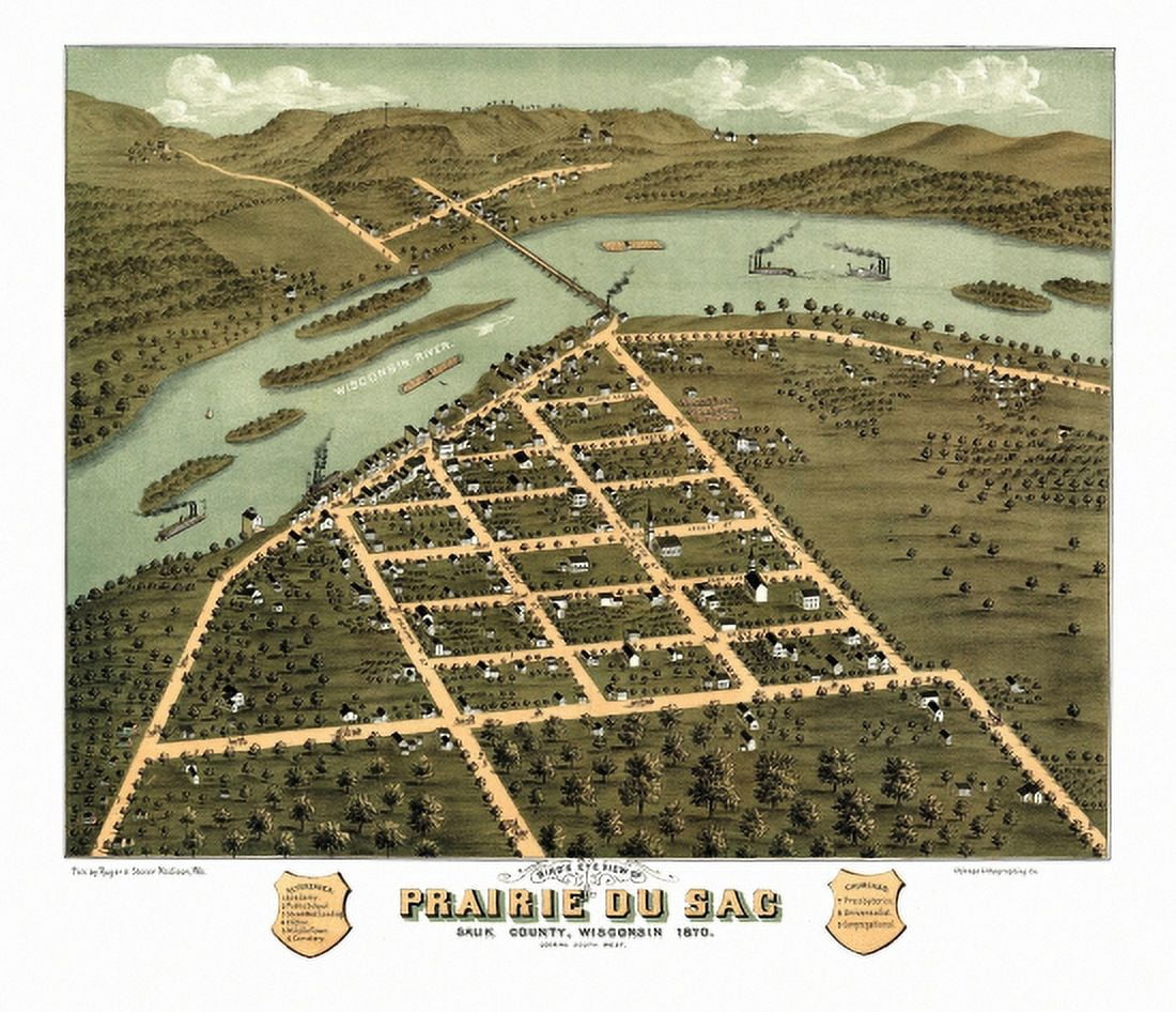 Historic Map of Prairie du Sac Wisconsin 1870 Sauk County Canvas Art - (18 x 24)
