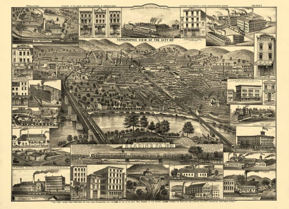 Historic Map of Reading Pennsylvania 1881 Berks County Canvas Art - (36 x 54)