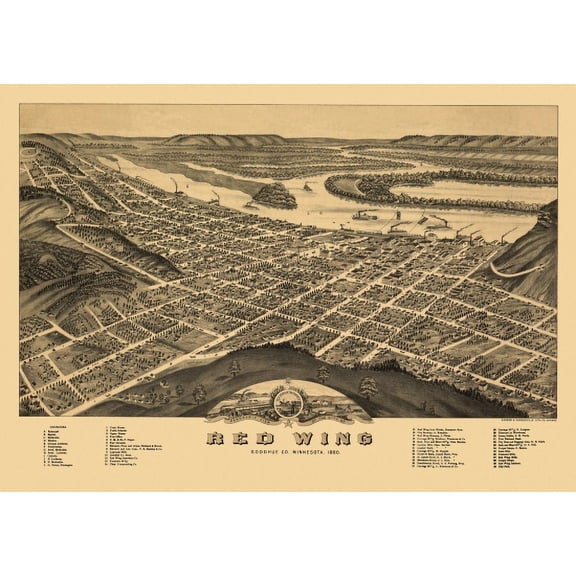Historic Map of Red Wing Minnesota 1880 Goddhue County Canvas Art - (36 x 54)