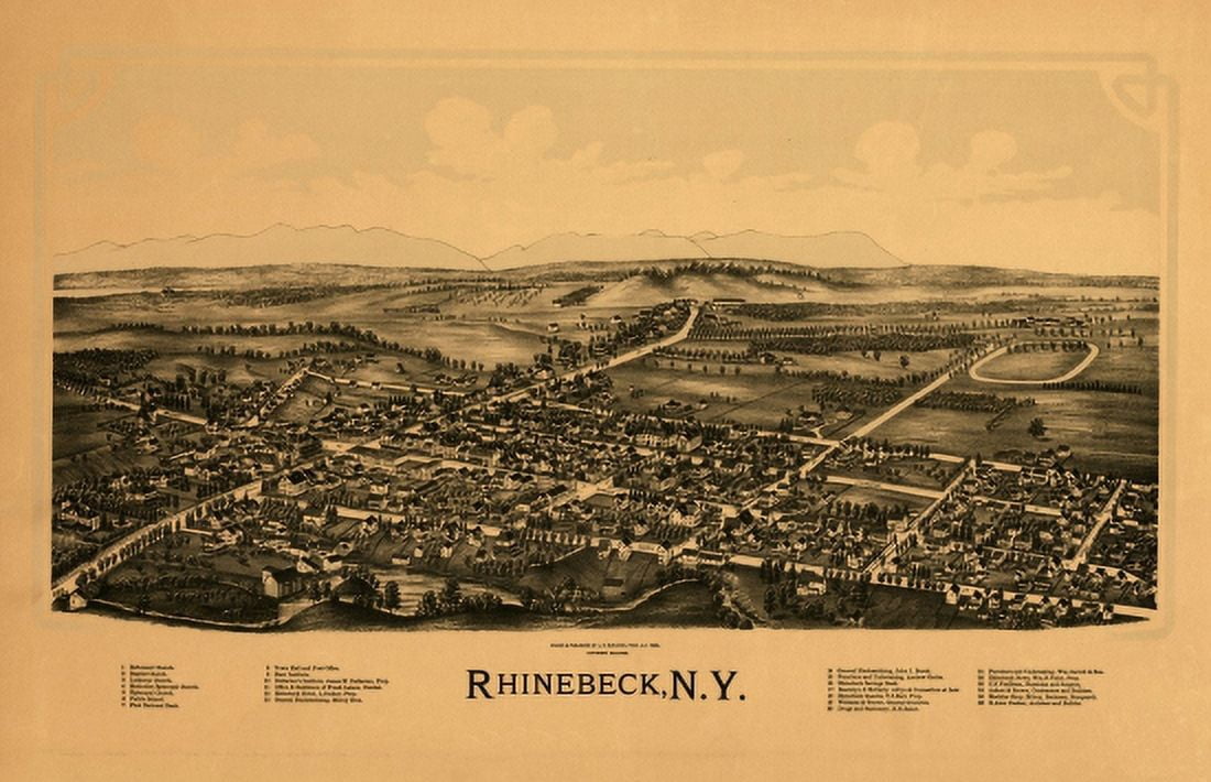 Historic Map of Rhinebeck New York 1890 Dutchess County Canvas Art - (18 x 24)