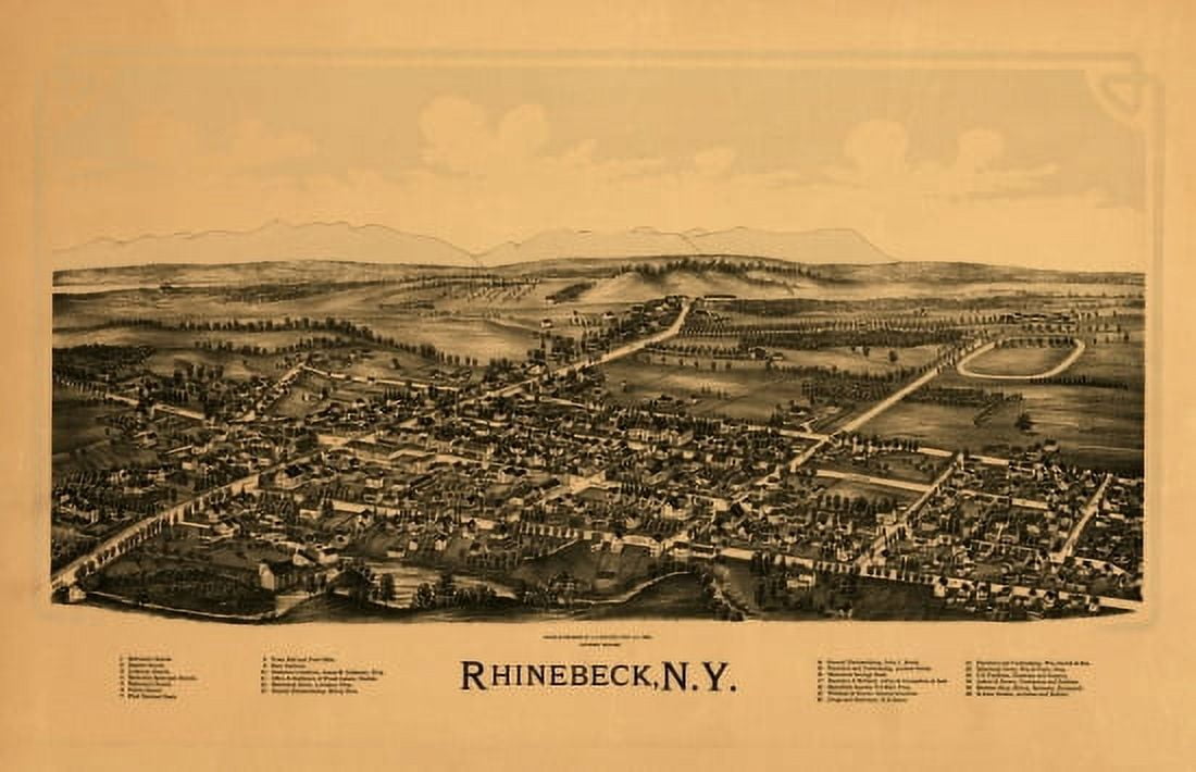 Historic Map of Rhinebeck New York 1890 Dutchess County Canvas Art - (36 x 54)