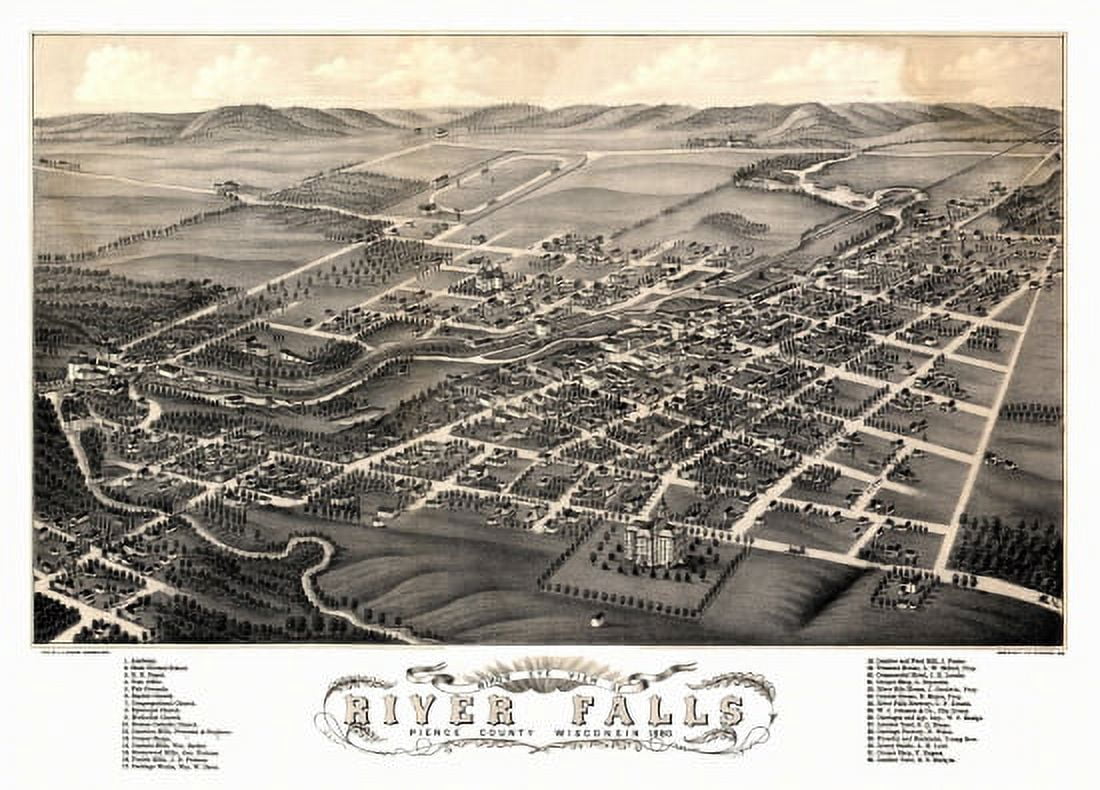 Historic Map of River Falls Wisconsin 1880 Pierce County Canvas Art -  (24 x 36)
