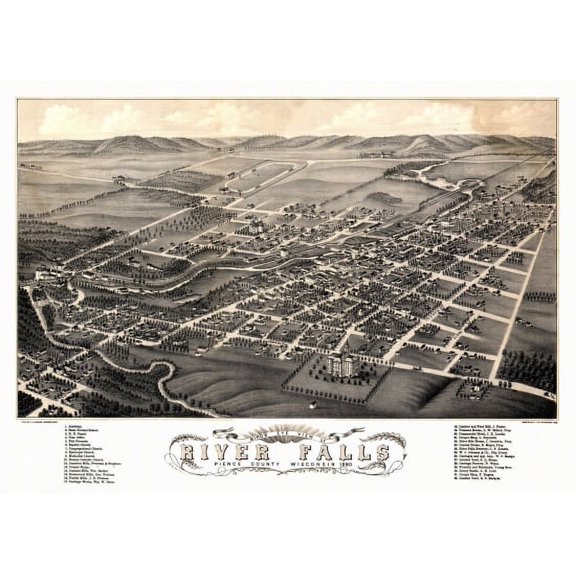 Historic Map of River Falls Wisconsin 1880 Pierce County Canvas Art - (24 x 36)