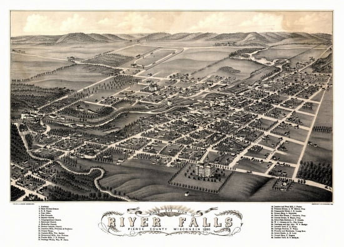 Historic Map of River Falls Wisconsin 1880 Pierce County Canvas Art -  (36 x 54)