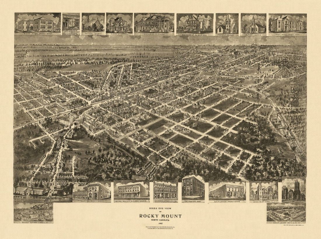 Historic Map of Rocky Mount North Carolina 1907 Nash County Canvas Art - (24 x 36)