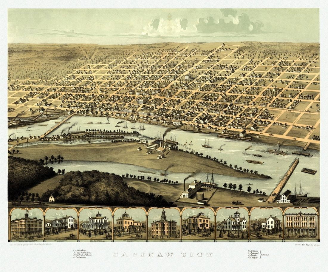 Historic Map of Saginaw City Michigan 1867 Saginaw County Canvas Art - (18 x 24)