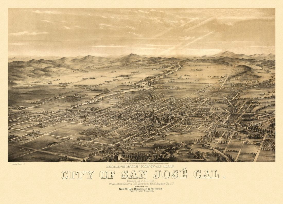 Historic Map of San Jose California 1869 Santa Clara County Canvas Art - (36 x 54)