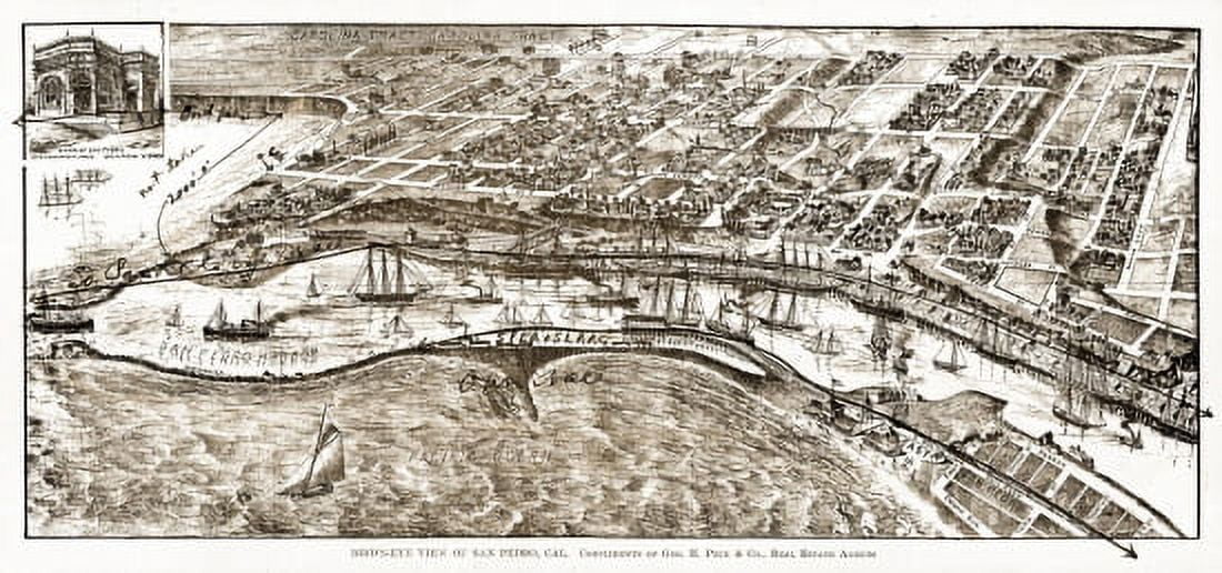 Historic Map of San Pedro California 1905 Los Angeles County Canvas Art - (24 x 36)