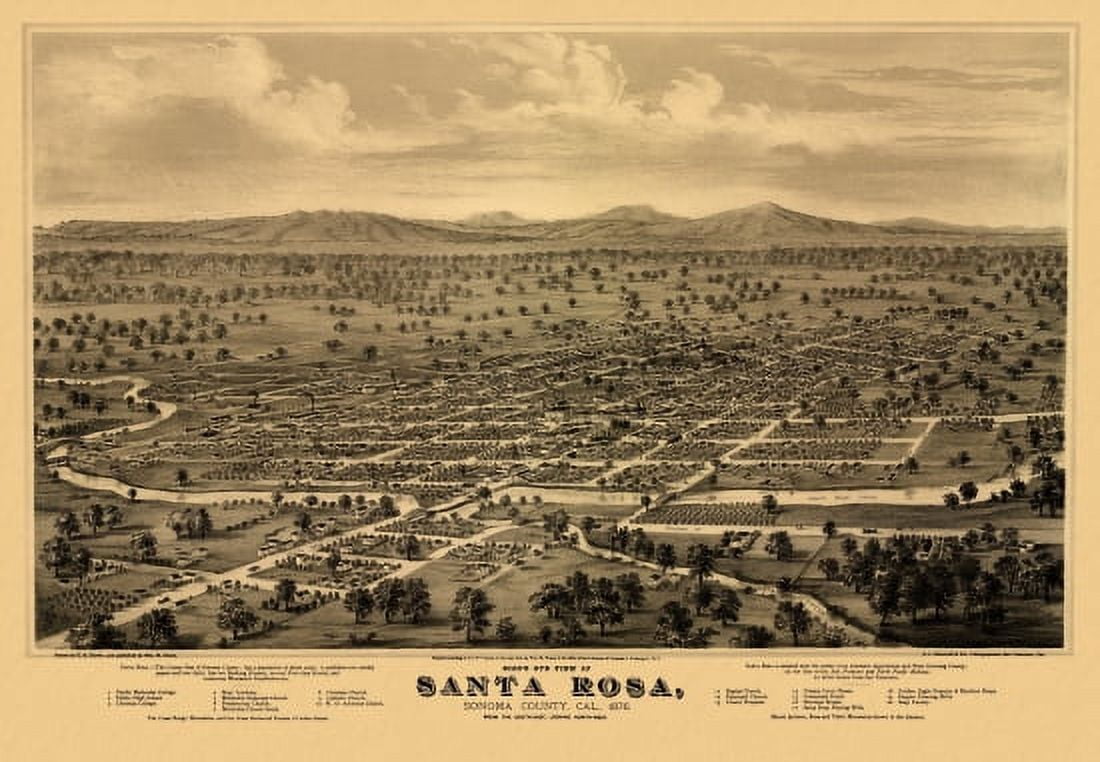 Historic Map of Santa Rosa California 1876 Sonoma County Canvas Art - (18 x 24)
