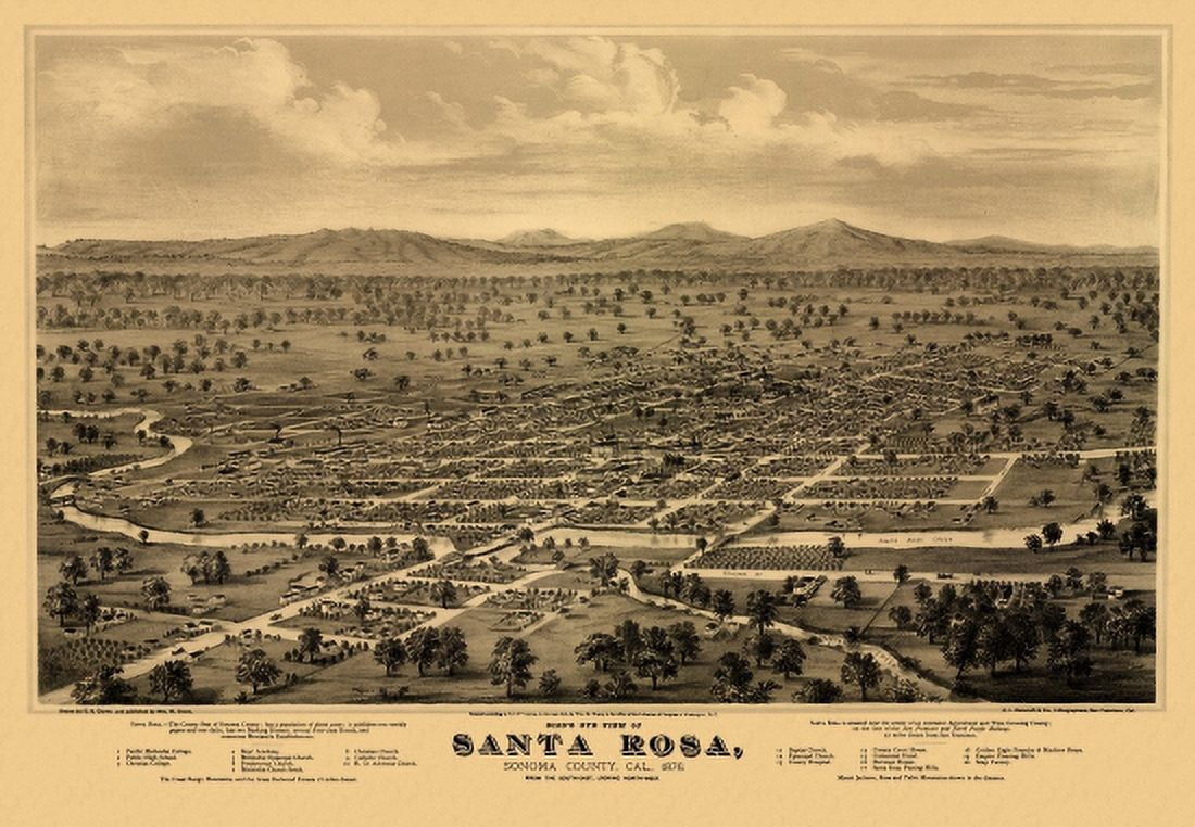 Historic Map of Santa Rosa California 1876 Sonoma County Canvas Art -  (36 x 54)