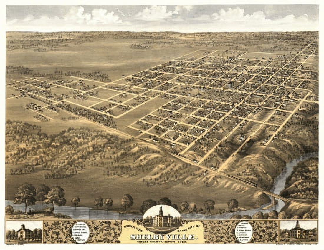 Historic Map of Shelbyville Illinois 1869 Shelby County Canvas Art -  (24 x 36)