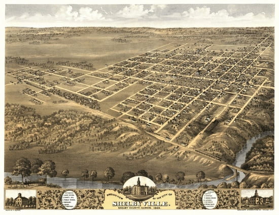 Historic Map of Shelbyville Illinois 1869 Shelby County Canvas Art - (36 x 54)