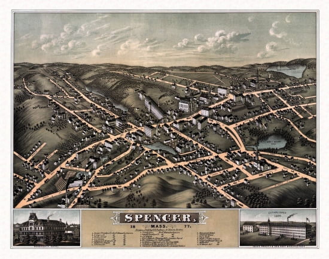 Historic Map of Spencer Massachusetts 1877 Worcester County Canvas Art - (36 x 54)