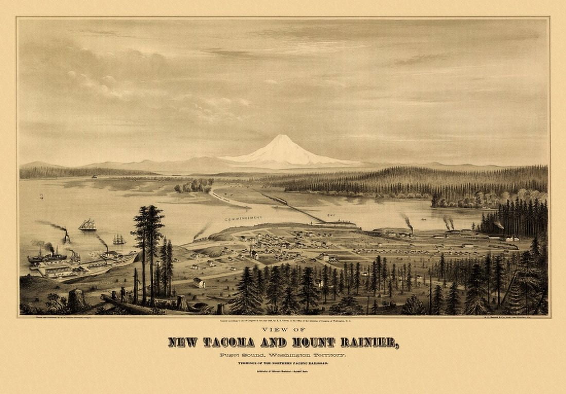 Historic Map of Tacoma Washington 1878 Pierce County Canvas Art - (36 x 54)