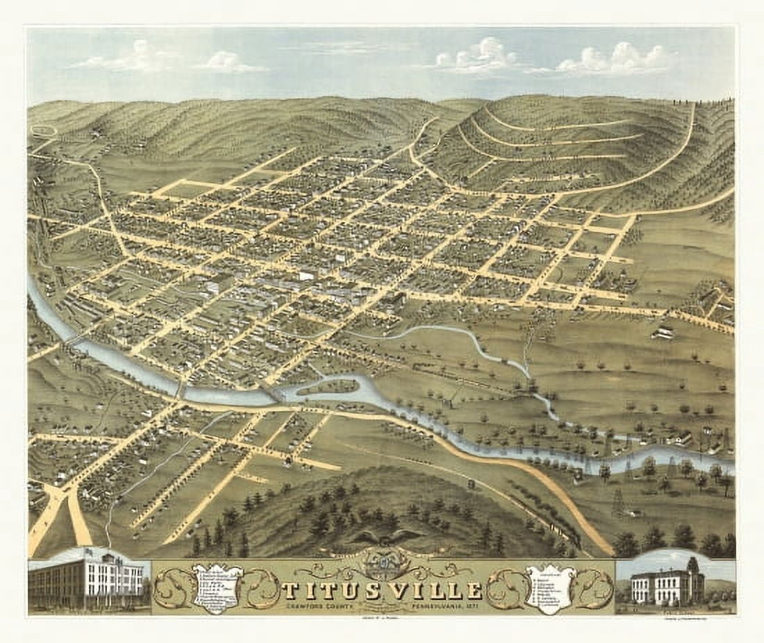 Historic Map of Titusville Pennsylvania 1871 Crawford County Canvas Art - (24 x 36)