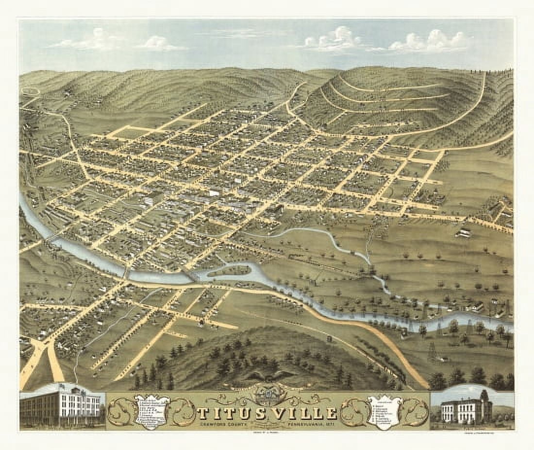Historic Map of Titusville Pennsylvania 1871 Crawford County Canvas Art - (36 x 54)