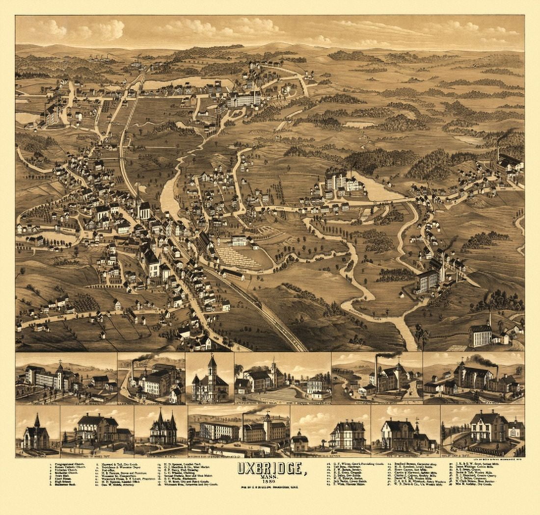 Historic Map of Uxbridge Massachusetts 1880 Worcester County Canvas Art -  (36 x 54)