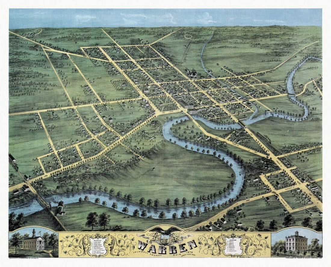 Historic Map of Warren Ohio 1870 Trumbull County Canvas Art - (36 x 54)