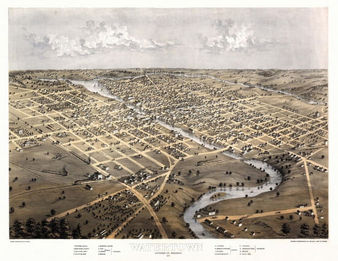 Historic Map of Watertown Wisconsin 1867 Jefferson County Canvas Art - (36 x 54)