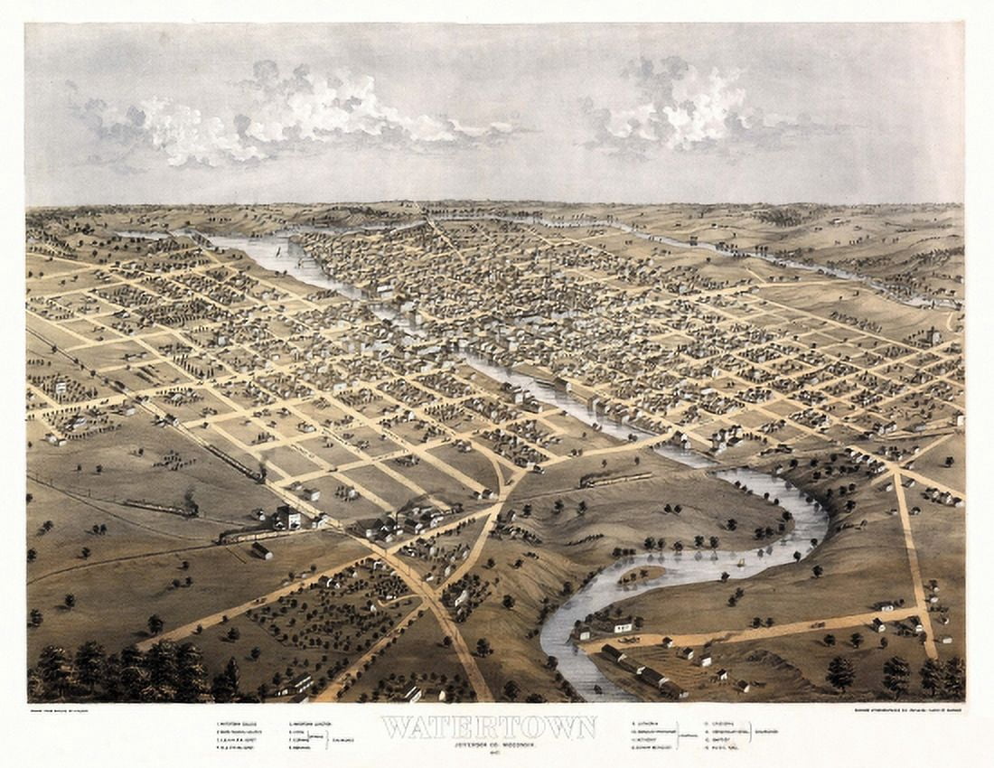 Historic Map of Watertown Wisconsin 1867 Jefferson County Stretched Canvas - (18 x 24)