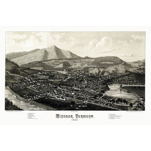 Historic Map of Windsor Vermont 1886 Windsor County Canvas Art - (36 x 54)