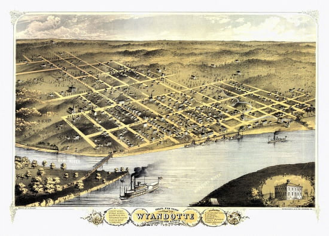Historic Map of Wyandotte Kansas 1869 Wyandotte County Canvas Art - (24 x 36)