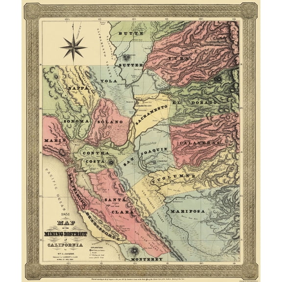 Historic Mine Map - California Mining District - Jackson 1851 - 23 x 27.13 - Vintage Wall Art