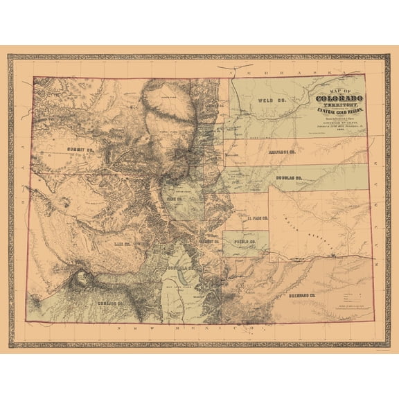 Historic Mine Map - Colorado Central Gold Region - Monk 1862 - Vintage Wall Art