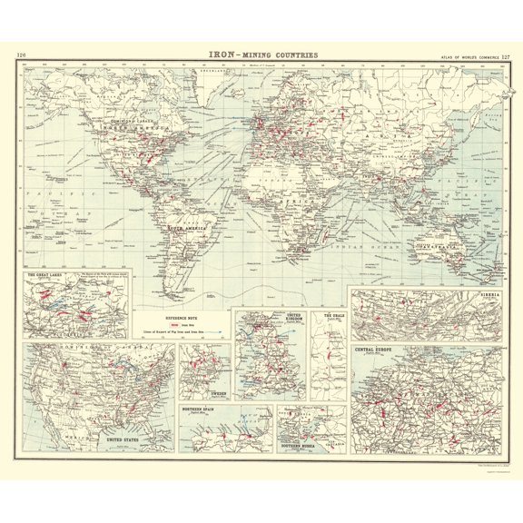 Historic Mine Map - Global Iron Mining Countries - Bartholomew 1907 - 23 x 27.38 - Vintage Wall Art