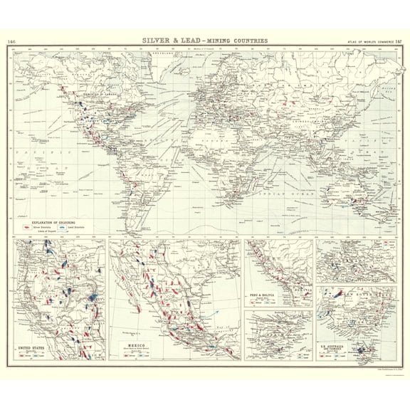 Historic Mine Map - Global Silver Lead Mining Countries - Bartholomew 1907 - Vintage Wall Art