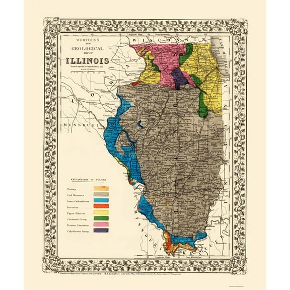 Historic Mine Map - Illinois State Mining - Worthens 1869 - 23 x 27.45 - Vintage Wall Art