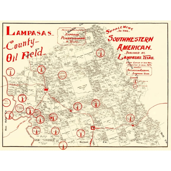 Historic Mine Map - Lampasas County Oil Field Texas - Southern American 1920 - 23 x 30 - Vintage Wall Art