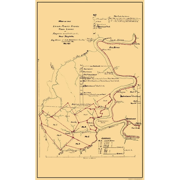 Historic Mine Map - Loup Piney Divide Coal Lands West Virginia - Hotchkiss 1879 - 23 x 37 - Vintage Wall Art